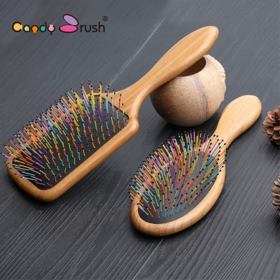 Rainbow Plastic Bristle Wooden Hair Brush Detangling Hair brush for Wet hair